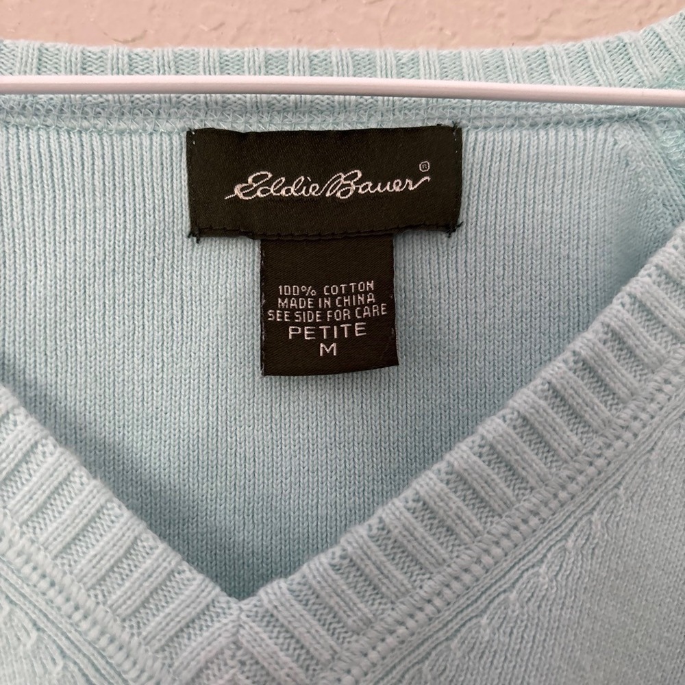 Eddie Bauer 100% Cotton baby blue v-neck cable knit sweater - Picture 2 of 6